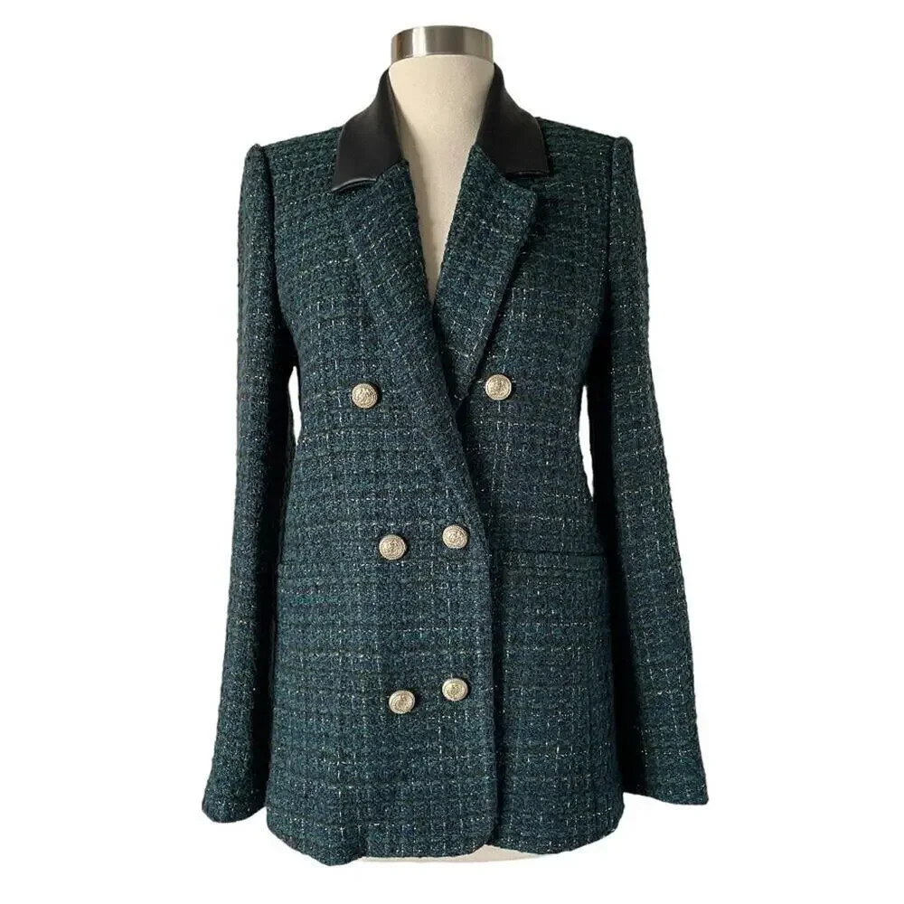 Generation Love Abby Tweed Blazer Green Black Double Breasted S - Picture 2 of 7